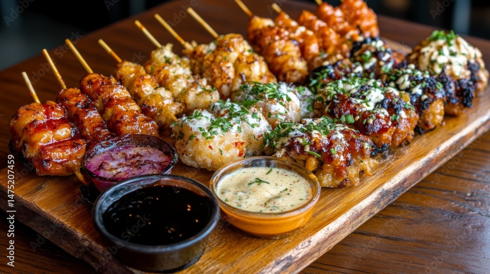 Aufkleber a vibrant shot of yakitori skewers arranged in a fan shape on a wooden board, garnished with fresh h