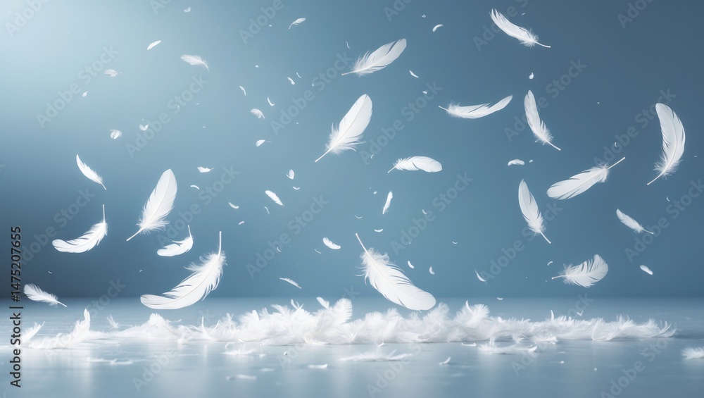 Poster Light and Soft Texture of Floating Feathers and Bird Icons on a Dreamy Sky Backdrop