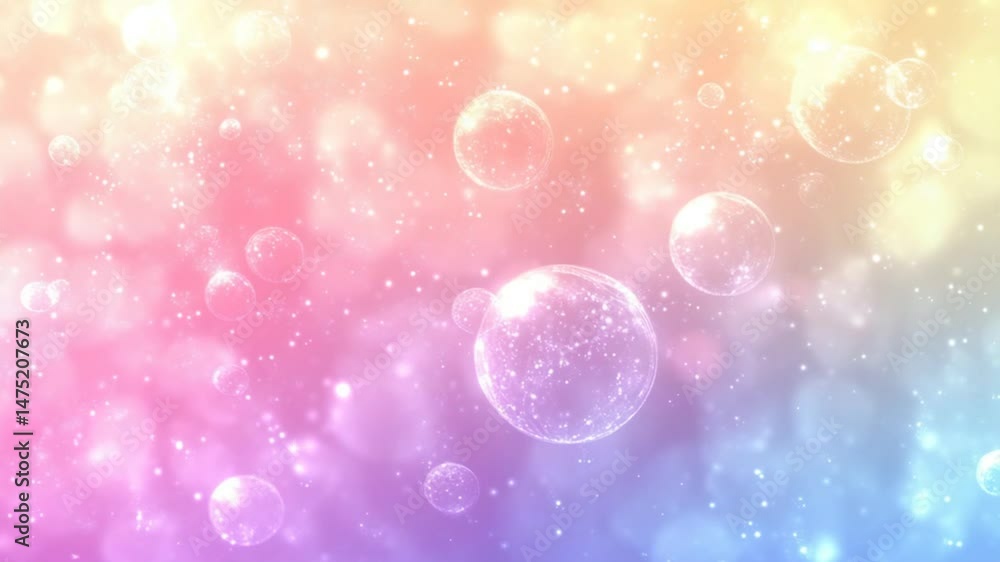 Poster dreamy pastel bubbles floating in a glittering gradient background animation scene