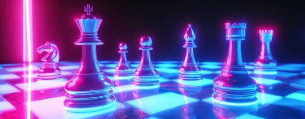 3D chess pieces on board with neon blue and pink lights, glowing effects, and futuristic volumetric lighting. High-detail game concept in modern digital style.