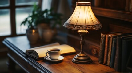 A vintage-inspired table lamp with an ornate shade, illuminating an antique wooden desk with classic books and a cup of coffee, creating a cozy and elegant work environment.