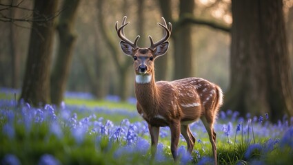 Obraz premium Beautiful young deer with antlers in a woodland filled with bluebell flowers