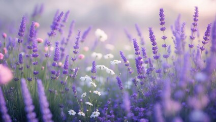 Obraz premium Expansive view of blooming Lavender fields for background and banner purposes. Subtle selective focus.