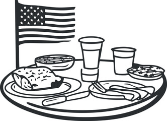 Illustration of a traditional American Thanksgiving meal plate with food, drinks, and a USA flag