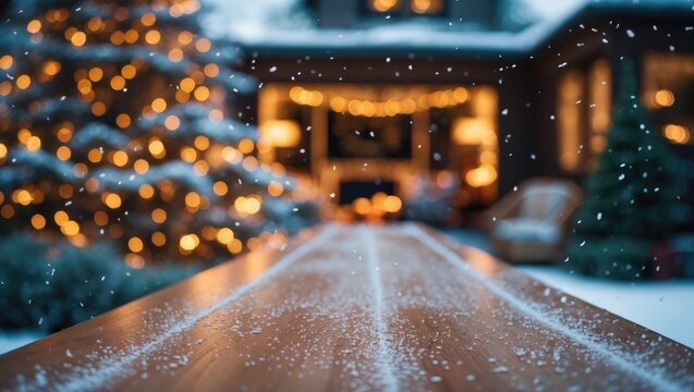 Empty wood table amidst snowfall with holiday-themed background