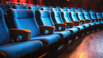 Obraz premium Unfilled theater showcasing blue chairs. Conference area
