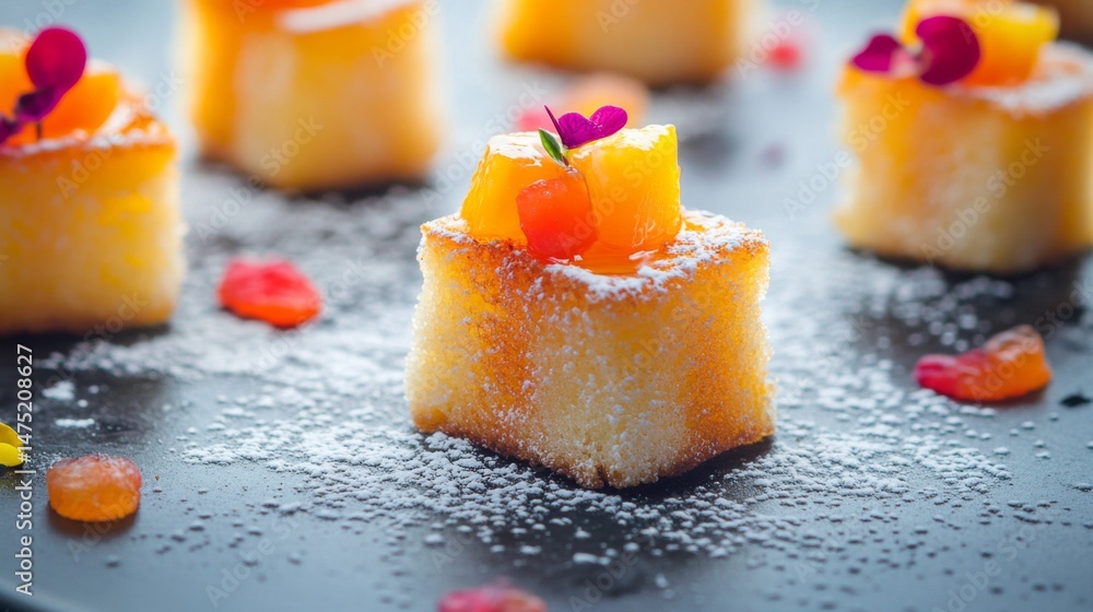 Poster a whimsical presentation of mini honey toast bites served on a plate, topped with colorful fruit and