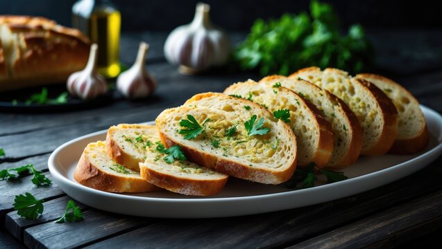 Delicious garlic bread from scratch on a plate atop the table