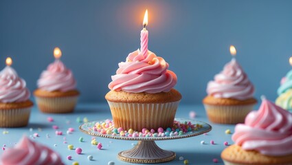 Bright and delicious birthday cupcake with a lit candle and decorative sprinkles against a cheerful background