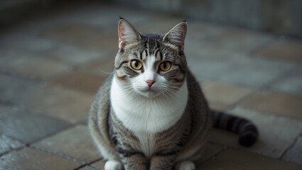 A beautiful pet cat with white and gray fur sits gracefully.