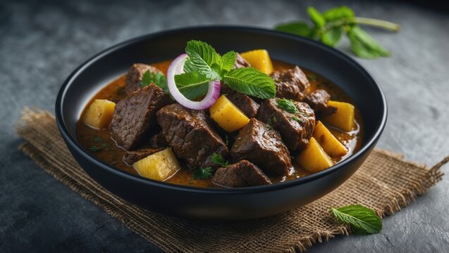 Flavorful Spicy Beef Curry Fry Side Dish Paired with Ghee Rice, Appam, Parotta, Puttu, and Traditional Items Like Buffalo Roast, Meat Pepper Fry, Raw Curry, and Banana
