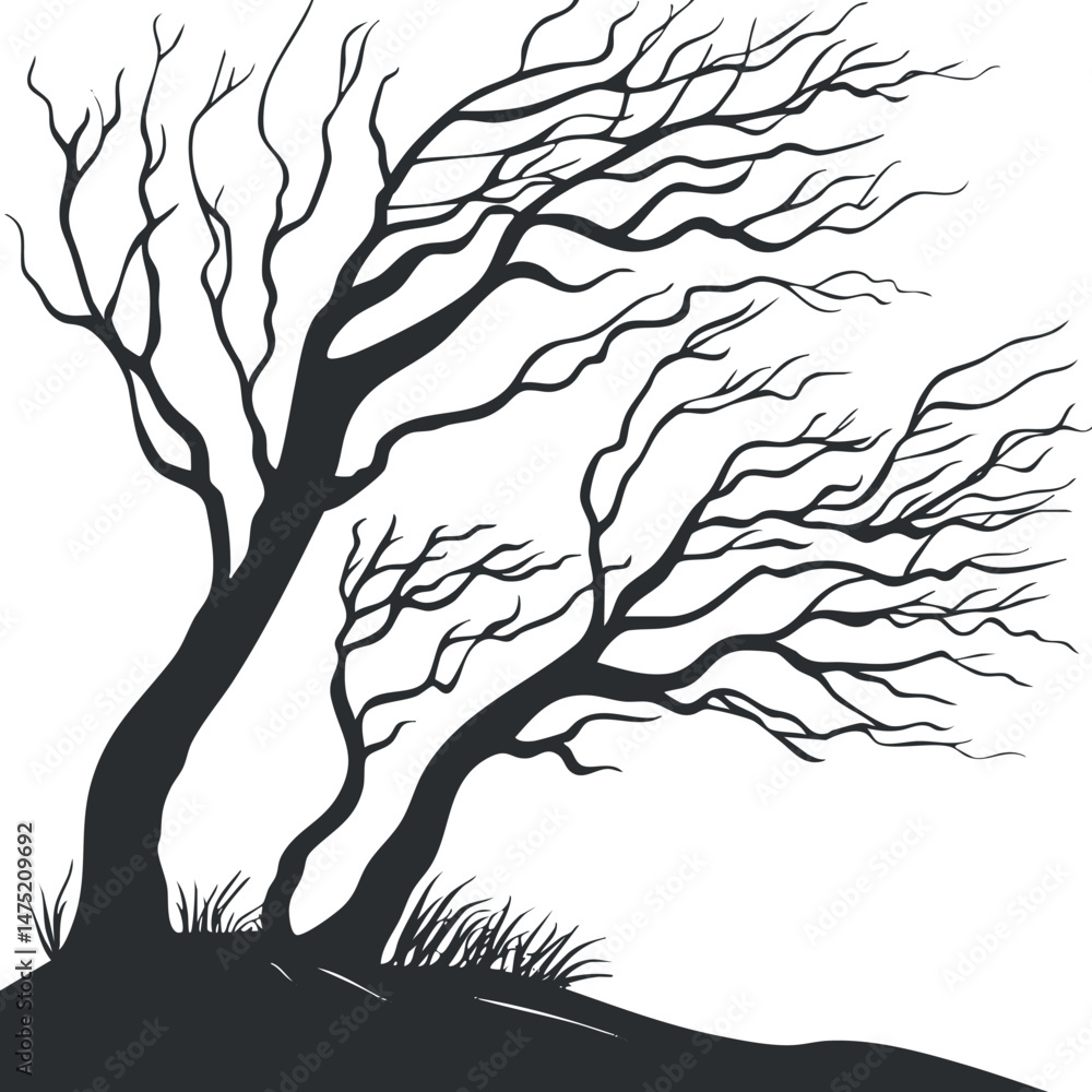 Poster silhouette of leafless trees with intricate branches and grass on a small hill isolated on white bac