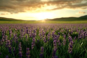 Fototapeta premium Blooming lavender field stretching into the horizon under a warm golden sky 
