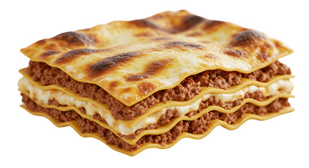 Delicious Baked Lasagna with Cheese and Meat Layers on White Background, Classic Italian Lasagna with Minced Beef and Cheese on white background, Authentic Meat Lasagna with Melted Cheese Topping