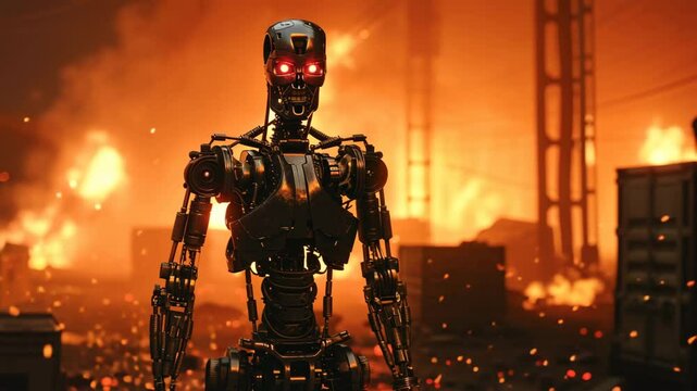 A highly advanced robot standing in a warehouse on fire