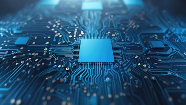 Abstract blue technology background featuring circuit and system symbols