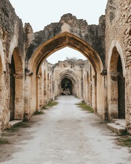 Fototapeta premium Ancient architectural ruins perspective view of stone arches and hallway in Bidar India travel photography