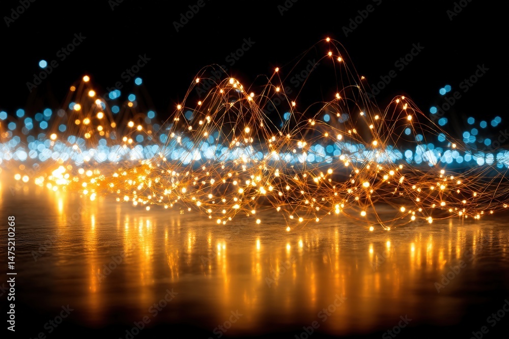 Poster abstract light waves with glowing orange and blue points create a vibrant, futuristic pattern on a d
