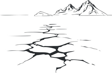 Black and white sketch of cracked dry ground with distant mountains in a barren landscape