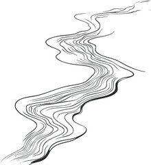 Abstract black and white line art of a flowing river or stream with smooth wavy curves