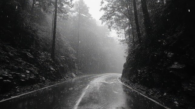 Rainy road Winding road under a dense forest canopy during a downpour - Powered by Adobe