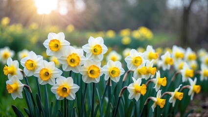 Fototapeta premium A vivid display of daffodil flowers in yellow and white, standing tall in a lush green landscape under the shining sun.