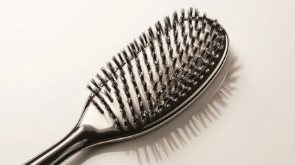 Close-up of a silver hairbrush on white background.