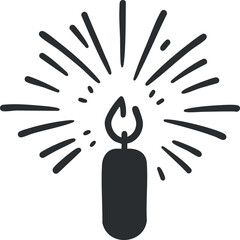 Black silhouette of a candle with flame and decorative sparkles radiating light and warmth