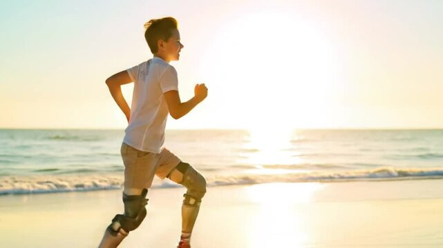 &ldquo;A little boy with prosthetics running on the beach at sunset, an inspiring moment&rdquo;