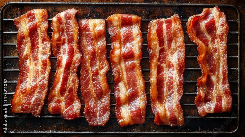 Poster bacon strips cooling on a wire rack after frying, with crispy edges and golden brown texture, ready 