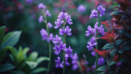 Obraz premium Photographed garden scene with purple flower layout and natural concept