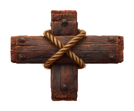 Rustic wooden cross bound with rope, weathered and aged, showing texture and detail.