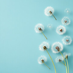 Close-up of dandelion seeds against a pale blue background, some flying gently in the wind 
