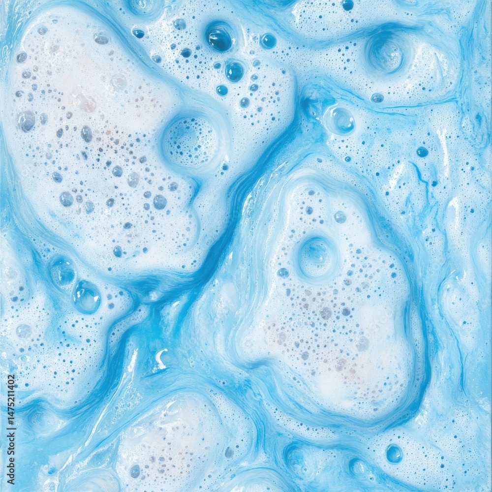 Poster abstract top-down macro of blue and white bath foam with bubbles and swirling patterns for backgroun
