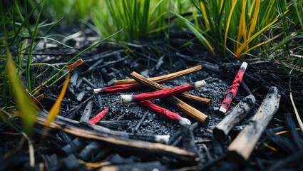 Natural outdoor scene showing the remains of damaged burnt wood with textured surface