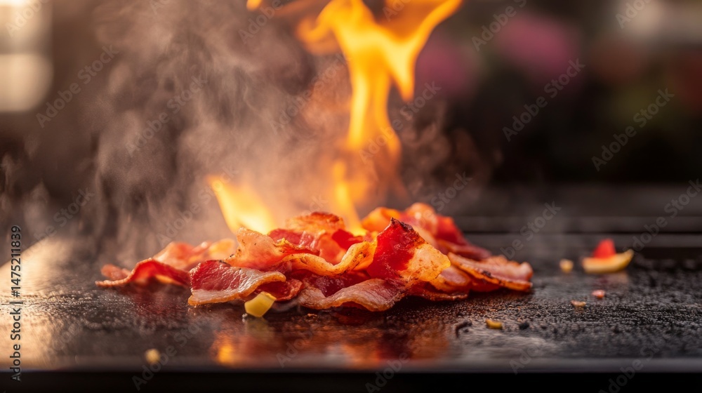 Poster bacon strips frying in their own grease on a griddle, with close-up detail of the curling edges and 
