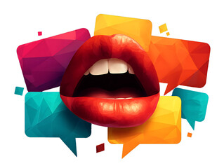A vibrant illustration of a woman's lips with colorful polygonal speech bubbles, symbolizing communication and expression.