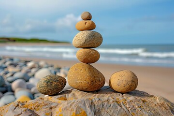 A serene arrangement of stacked stones on a beach, with gentle waves in the background, evoking tranquility and balance.