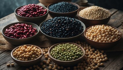 Heap of different grains and legumes like pinto, black, mung, white, and chickpeas displayed on a textured background