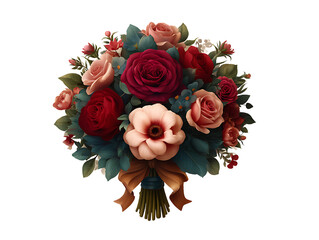 A vibrant bouquet of red, pink, and peach roses, anemones, and other blossoms, tied with a brown ribbon.