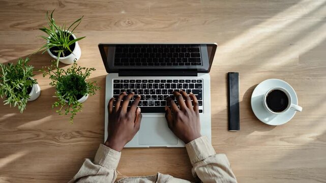 Typing on laptop keyboard for work from home office setup with coffee and plants on wooden desk top view 4k video