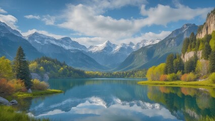 A still lake reflects the stunning mountains and trees with a partly cloudy sky. Excellent for nature lovers.