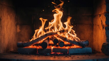 Burning wood flames in an ignited fireplace