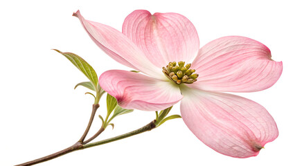 Obraz premium A close up of a pink dogwood flower with green leaves on a branch isolated on white background created with generative ai