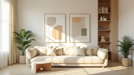 Interior minimalista moderno com tons neutros e detalhes de madeira clara, plantas de interior, iluminação suave, sofá grande e confortável
