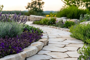 Obraz premium Serene stone pathway through lush garden with purple blooms at sunset