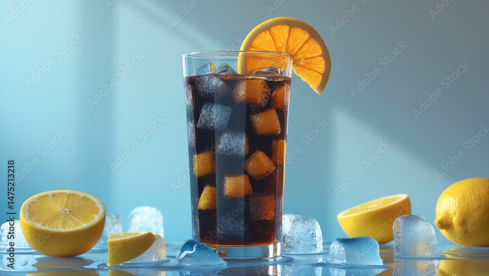 Poster Iced tea featuring lemon and ice in a tall glass set against a background. The theme of a refreshing beverage or lemonade for a hot day. Front view allowing for copy space.