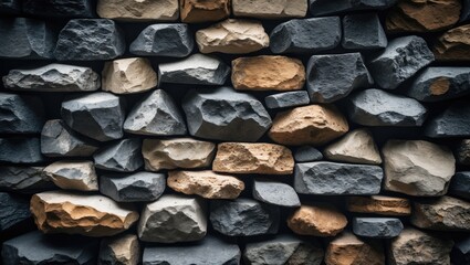 Background of natural stone with a gray mosaic wall and brown stones.
