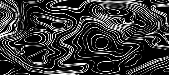 Minimalist topographic map design featuring black contour lines on a matte black background, subtle lighting and shadow effects to highlight elevation changes, abstract and modern aesthetic.