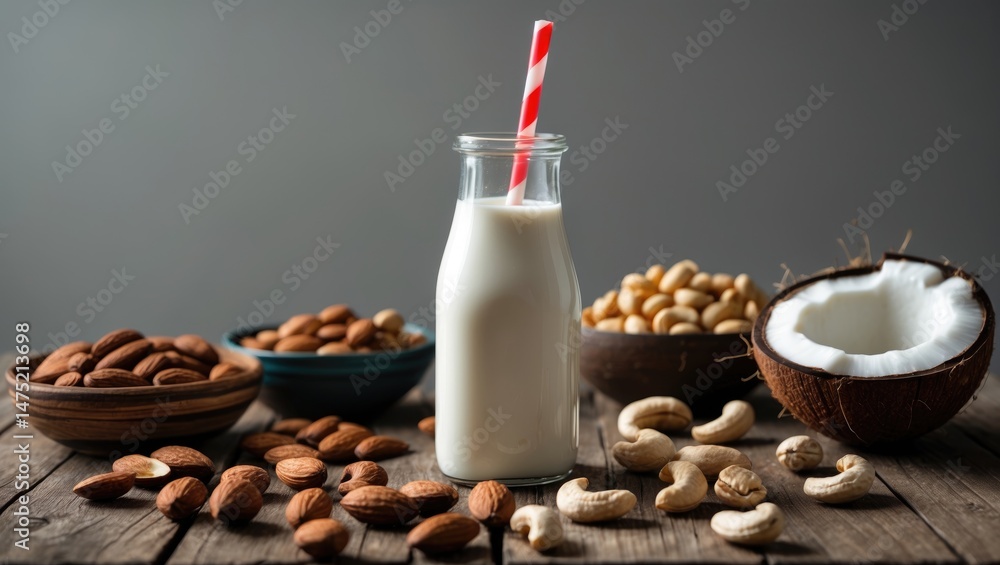 Poster fresh vegan nut milk in a striped bottle with a straw, featuring an array of nuts on the rustic tabl